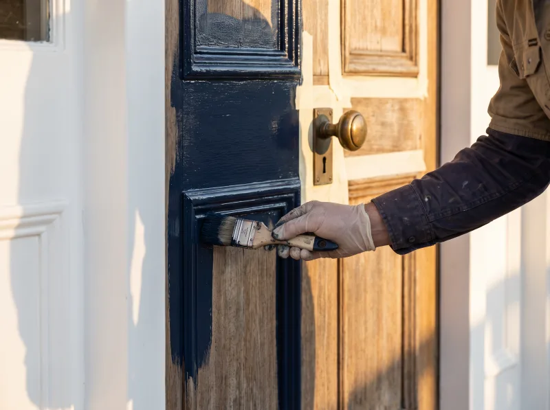 A brush laying off deep navy enamel on a panelled timber front door