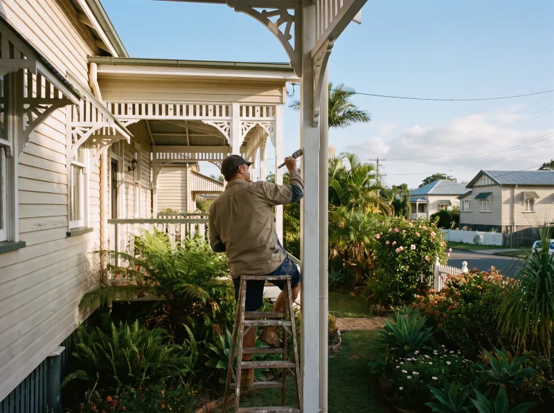 A painter on a ladder repainting the verandah fretwork of a Brisbane Queenslander